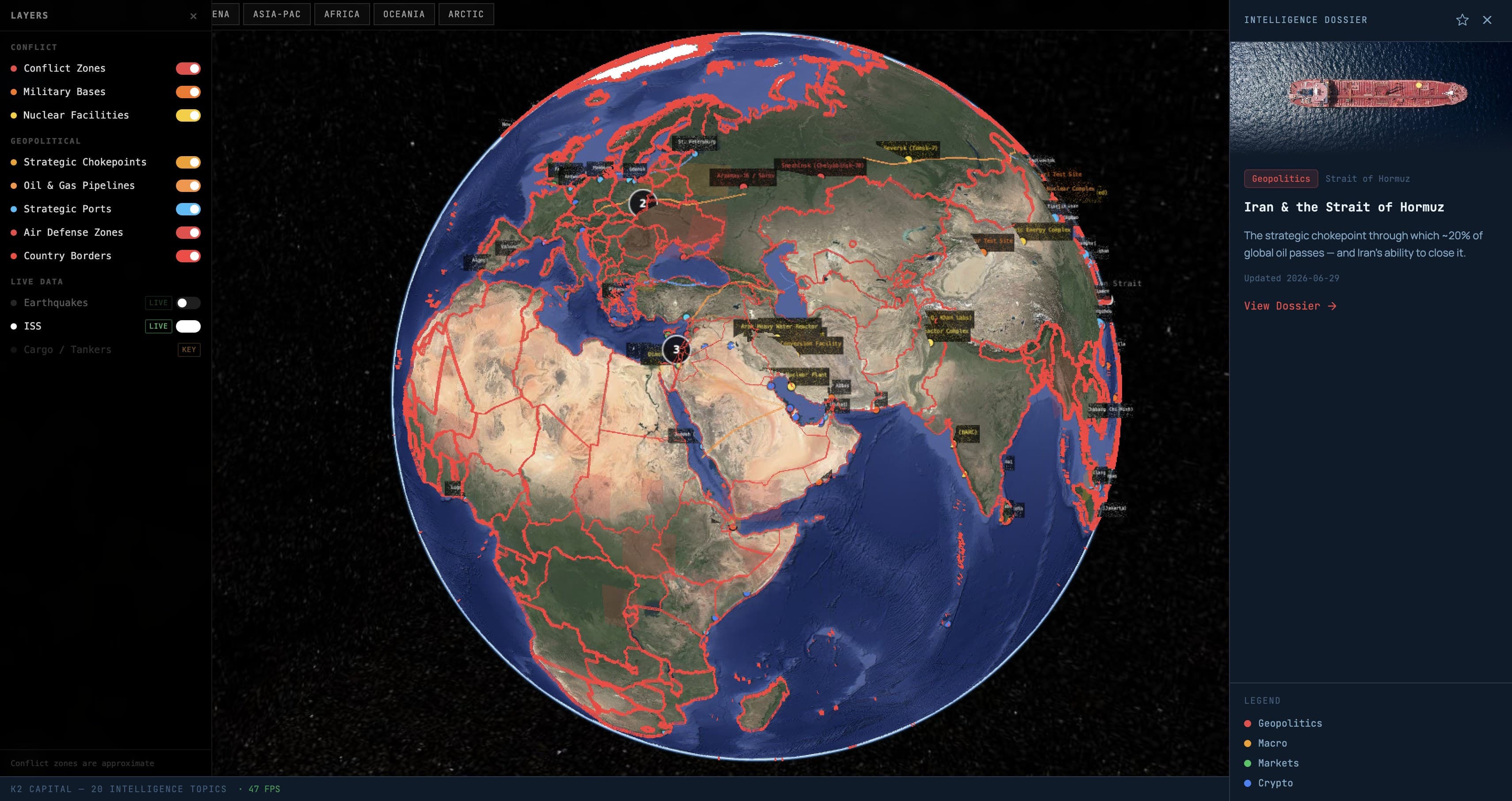 K2 Capital Intelligence Globe — 3D view of conflict zones, military bases, and strategic chokepoints